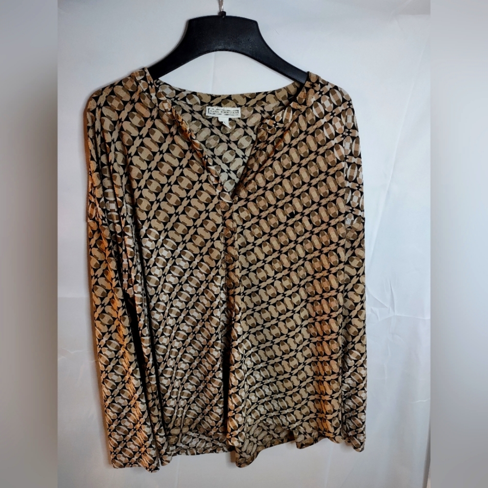 Dana Bachman Women’s Brown Circle 70’s Print Long Sleeve Split V Neck Blouse Top